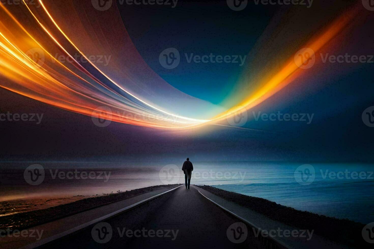 ein Mann Stehen auf ein Straße beim Nacht mit ein lange Streifen von Licht. KI-generiert foto