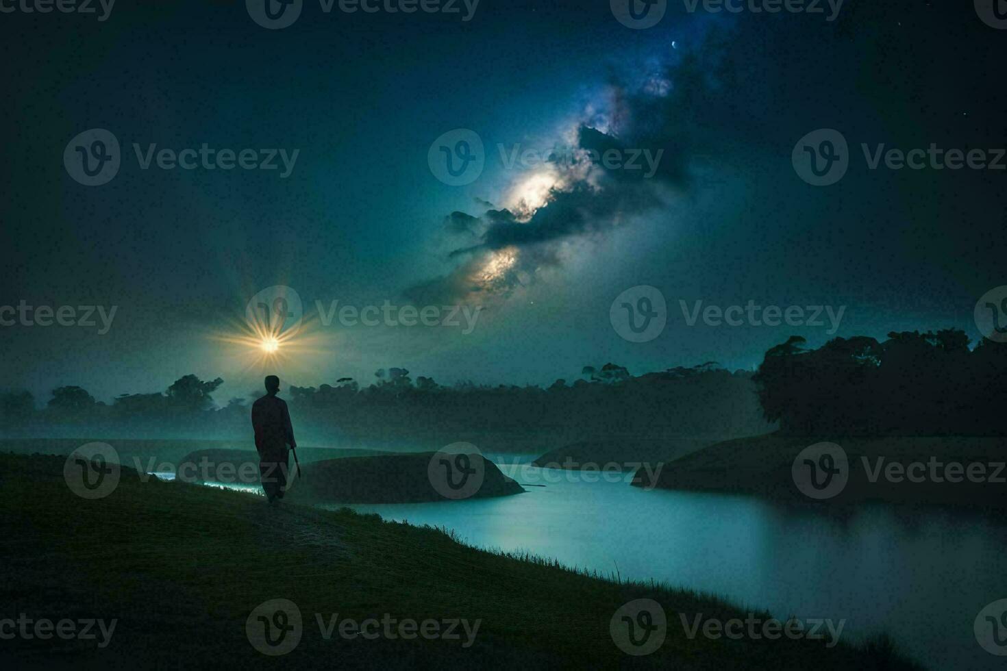 ein Mann steht auf ein Hügel mit Blick auf ein Fluss und das milchig. KI-generiert foto