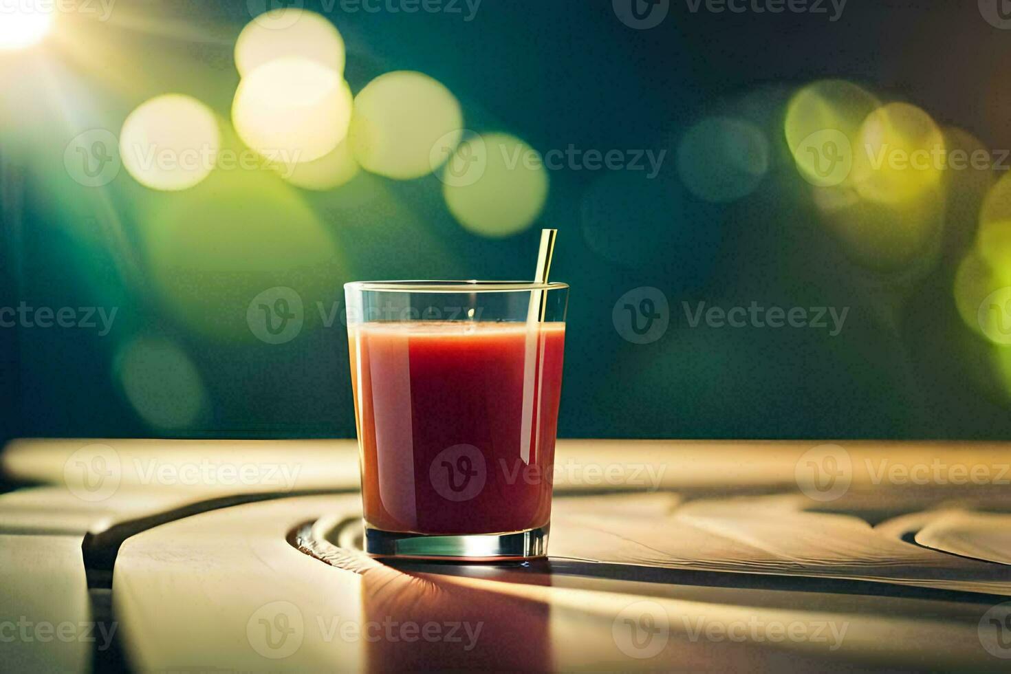 ein Glas von Saft auf ein Tabelle im Vorderseite von ein verschwommen Hintergrund. KI-generiert foto