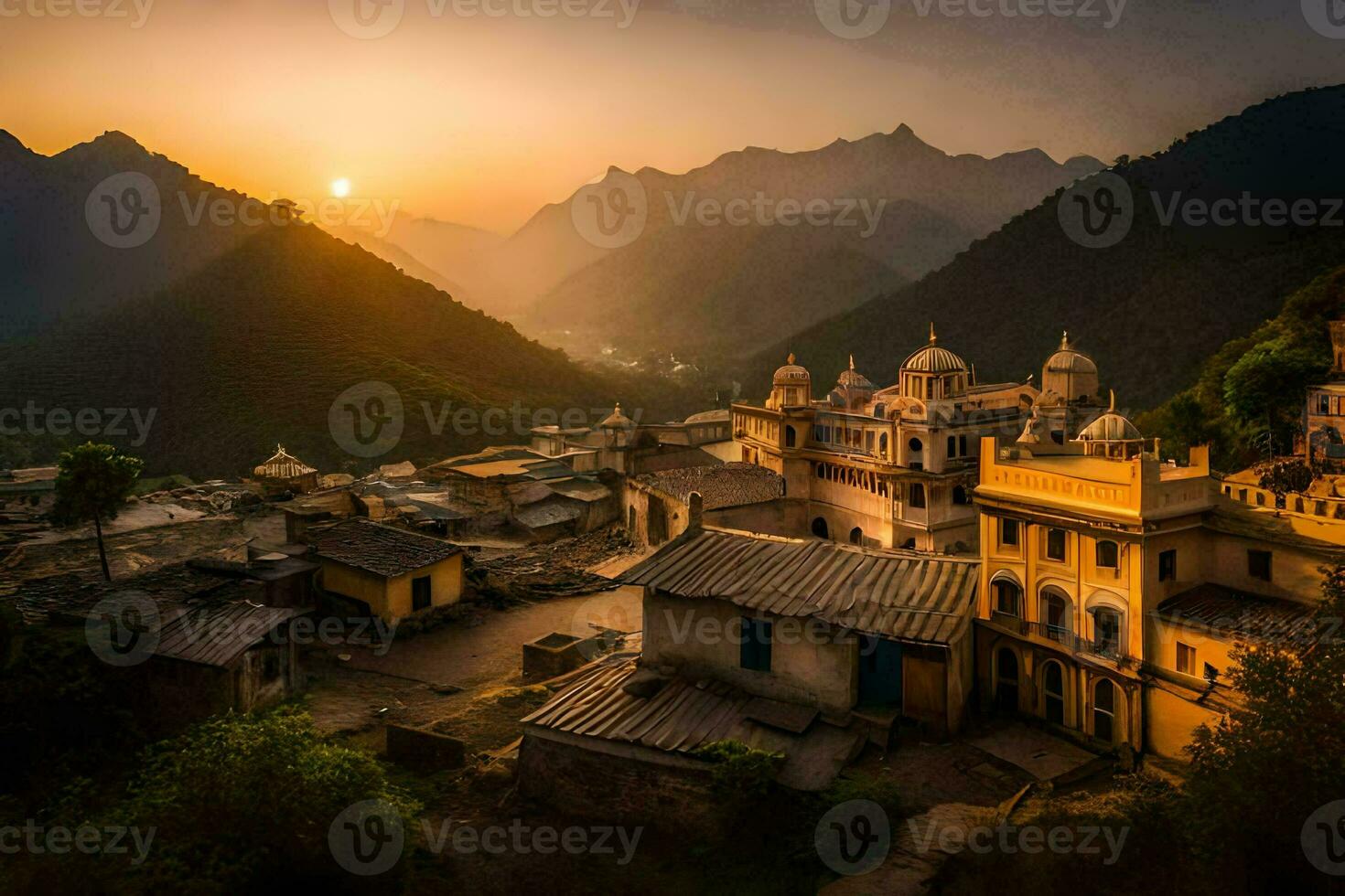 Sonnenuntergang Über das Dorf von Kasol, Indien. KI-generiert foto