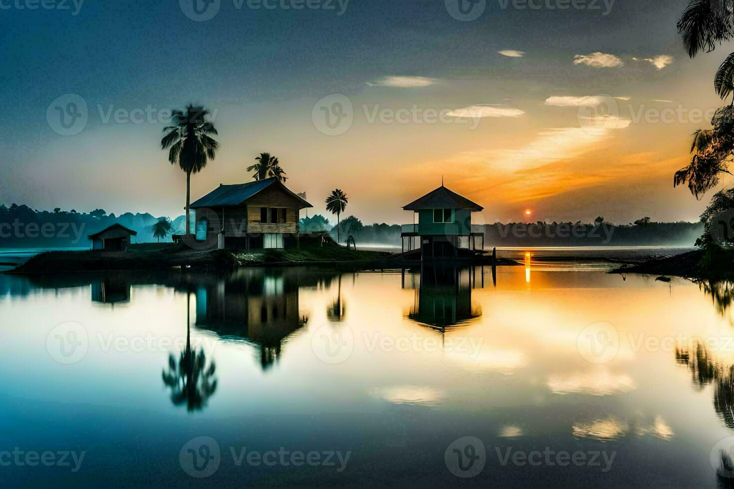 ein schön Sonnenaufgang Über ein See mit Palme Bäume. KI-generiert foto