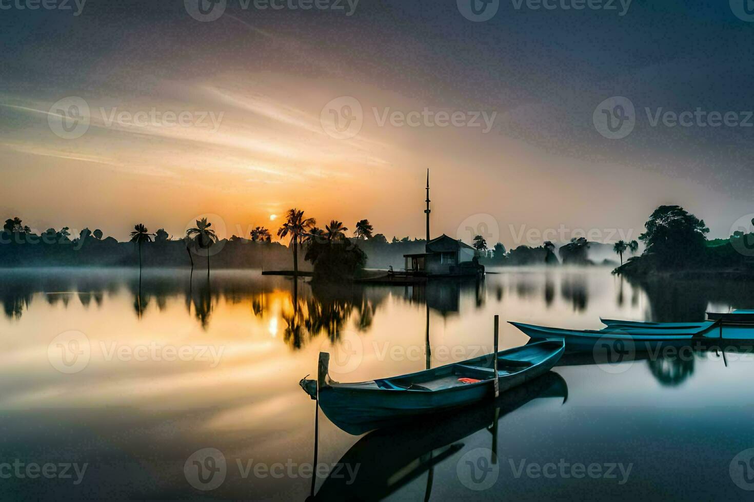 Boote auf das Wasser beim Sonnenaufgang. KI-generiert foto