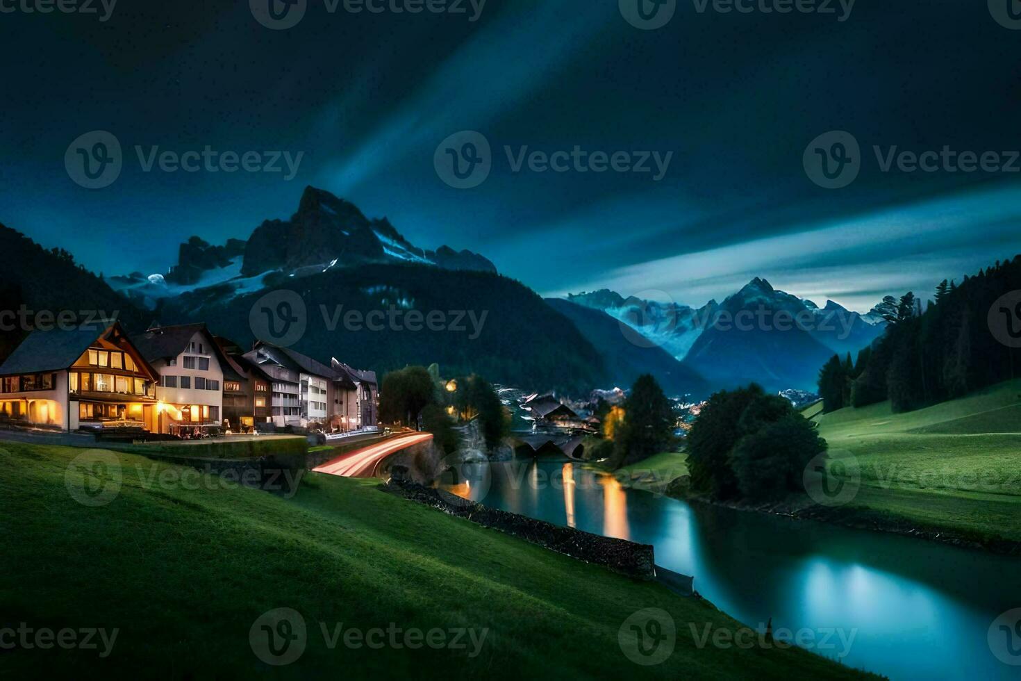 das Dorf von Altenburg, Schweiz, beim Nacht. KI-generiert foto