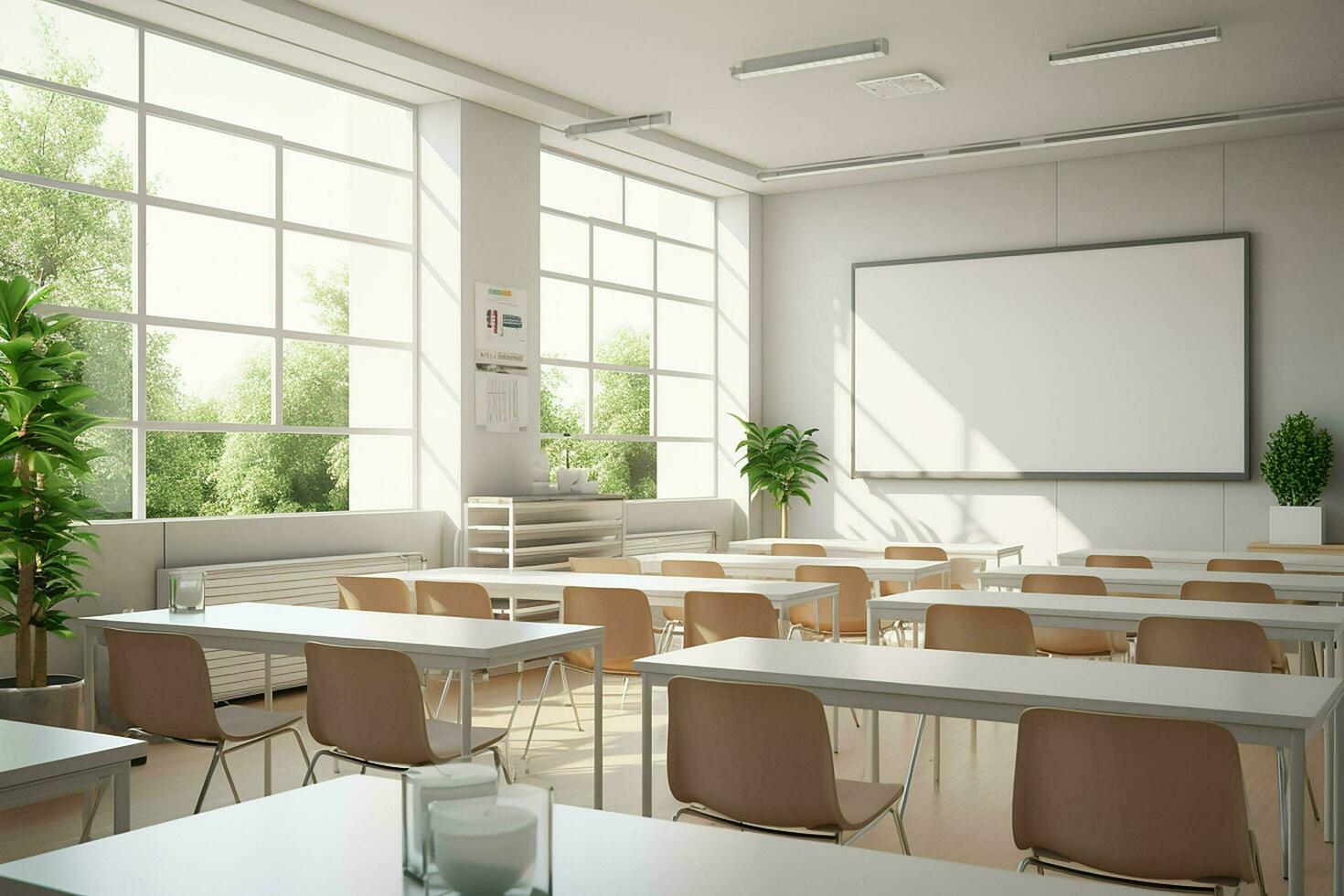 Innere von modern Klassenzimmer mit Weiß Wände, Beton Boden, Reihen von Grün Stühle und leeren Tafel. 3d Wiedergabe. ai generiert. Profi Foto