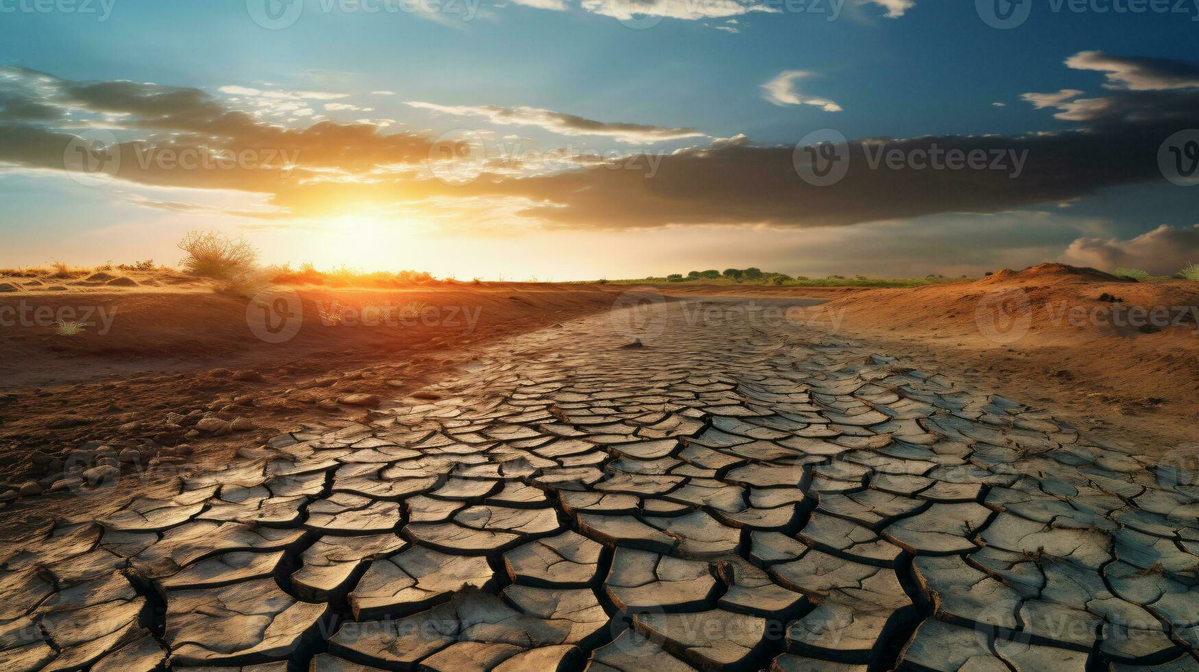 geknackt Erde mit getrocknet oben See im Hintergrund. global Erwärmen und Wasser Knappheit Konzept. ai generativ foto