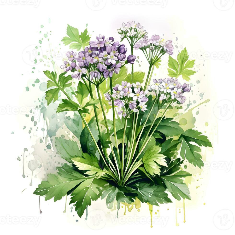 Aquarell Illustration von Gewürze. Bündel von Petersilie mit Petersilie Blumen, ai generiert foto