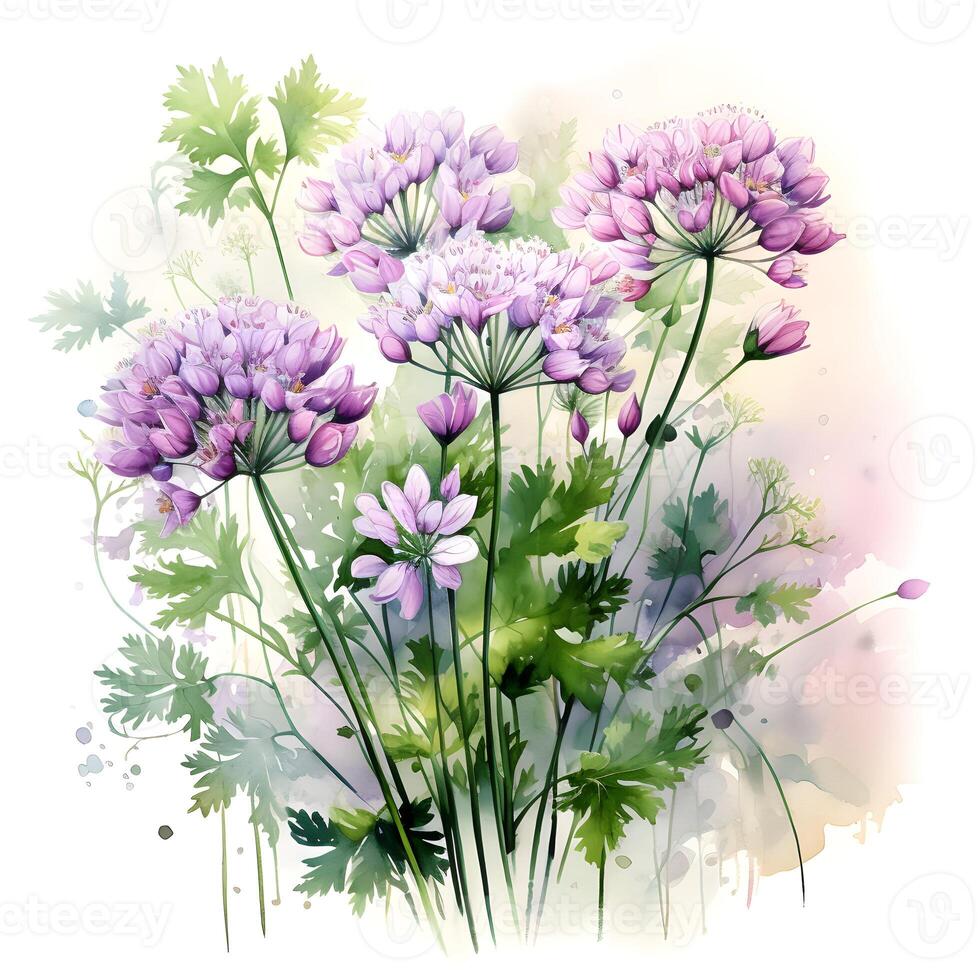 Aquarell Illustration von Gewürze. Bündel von Petersilie mit Petersilie Blumen.ai generiert foto