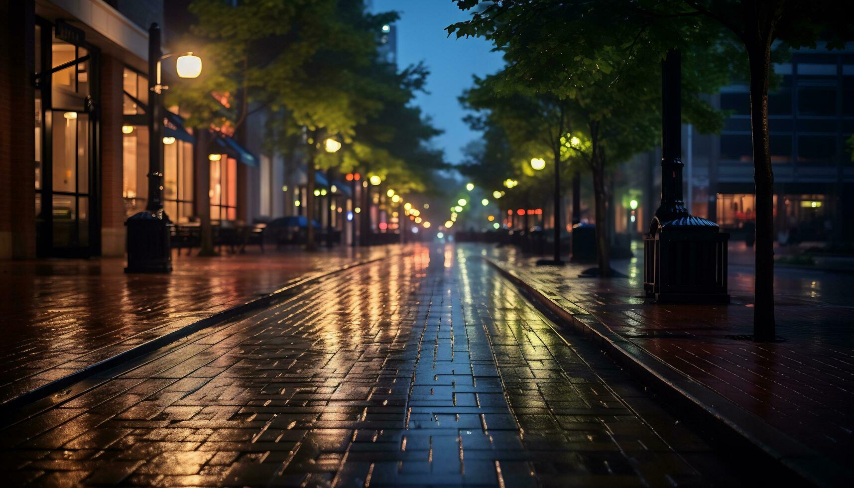 Bürgersteig beim Nacht nach Regen mit nass Straßen ai generativ foto