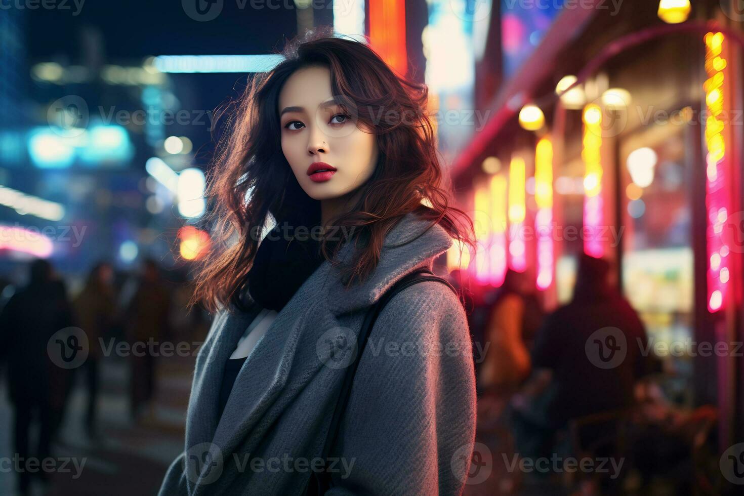 asiatisch Mädchen mit modisch Outfit posieren im geschäftig Stadt generativ ai foto