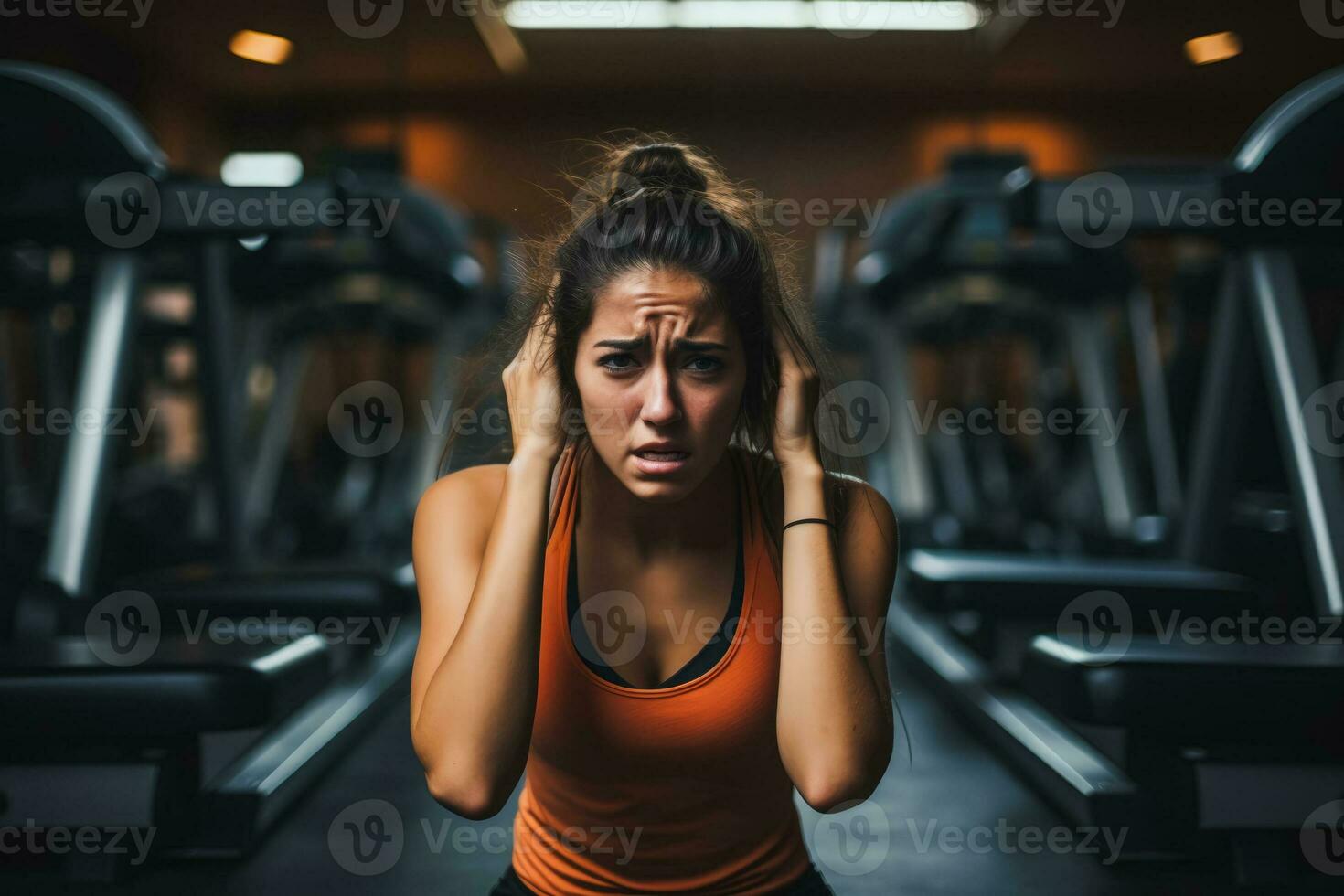 Individuell im Fitnessstudio Vers emotional Umbruch inmitten Schweiß Gewichte und Spiegel foto