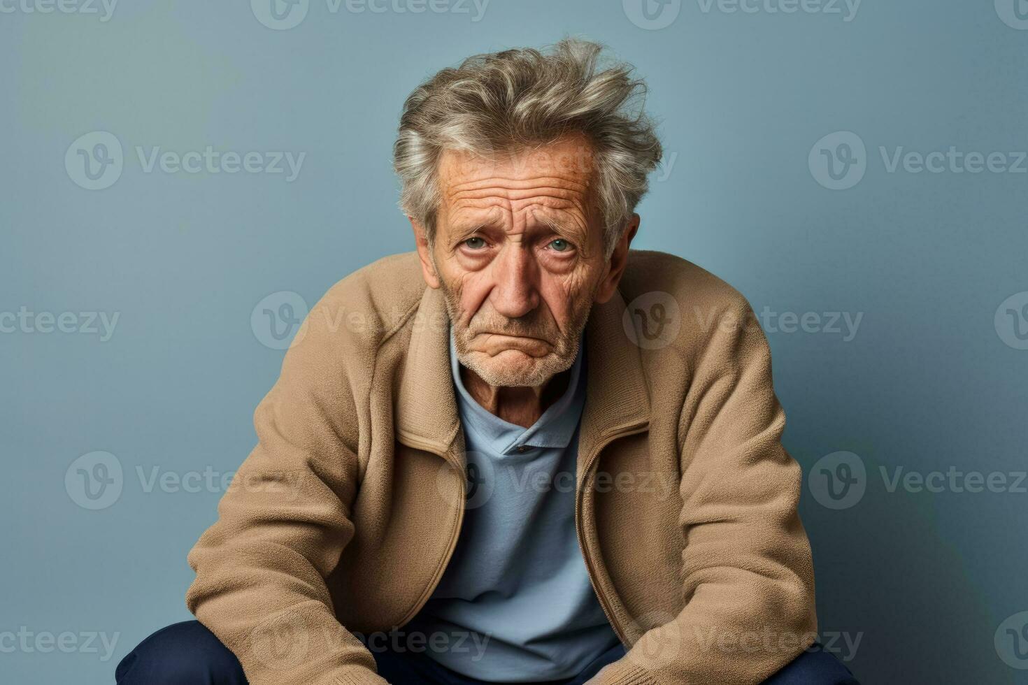 Alten Individuell mit traurig Ausdruck allein im Zuhause isoliert auf ein Gradient Hintergrund foto