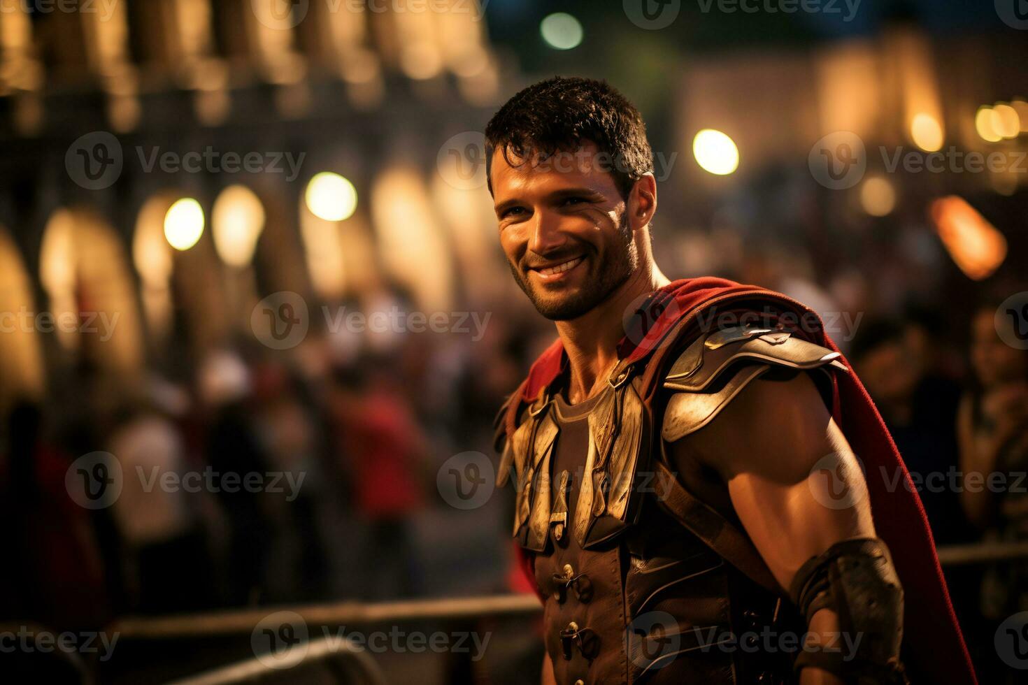 ein Straße Künstler gekleidet wie ein römisch Gladiator ein Foto von ein Läufer Sprinten durch ein Stadt Park ai generativ