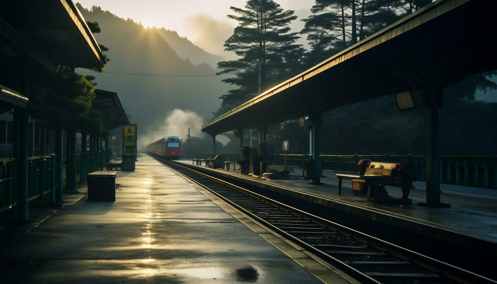 ein ruhig Zug Bahnhof mit ein Hintergrund von Berge und Kiefer Bäume ai generativ foto