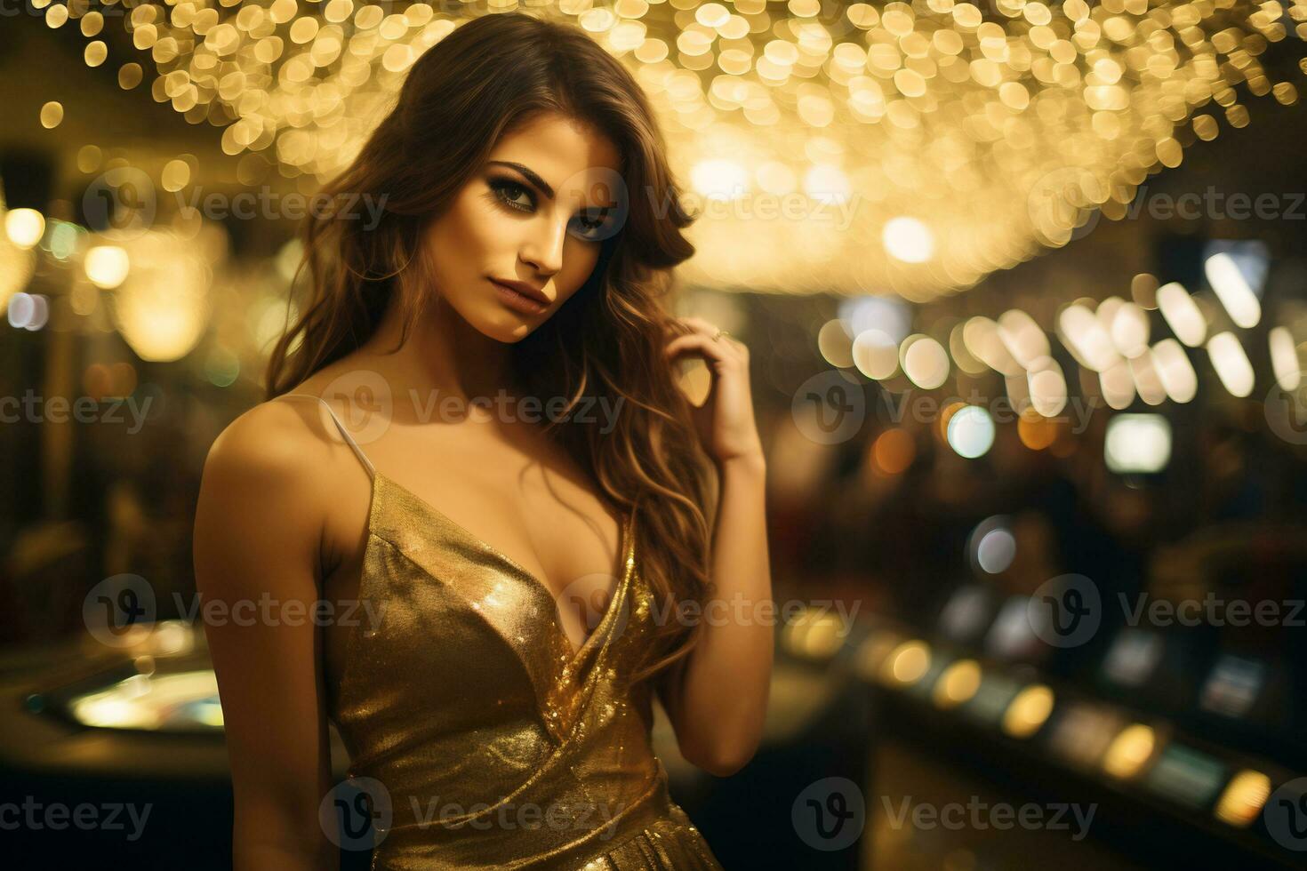 ein jung Frau elegant gekleidet im ein Gold Kleid im das Kasino ai generativ foto