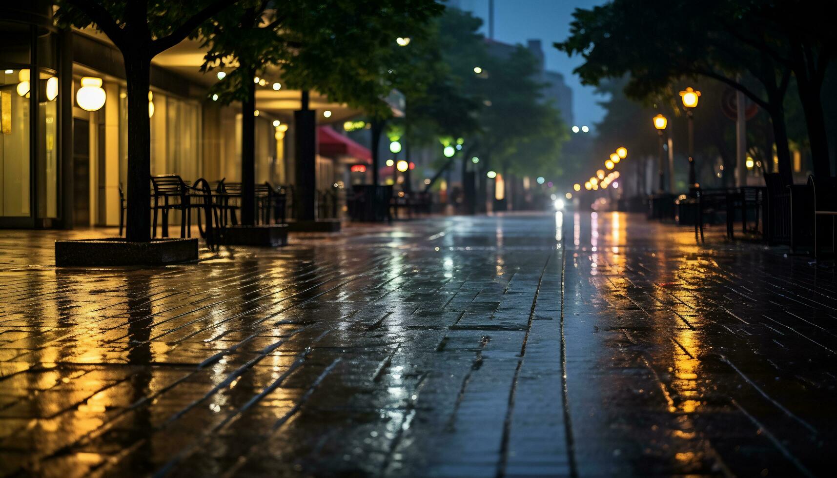 Bürgersteig beim Nacht nach Regen mit nass Straßen ai generativ foto