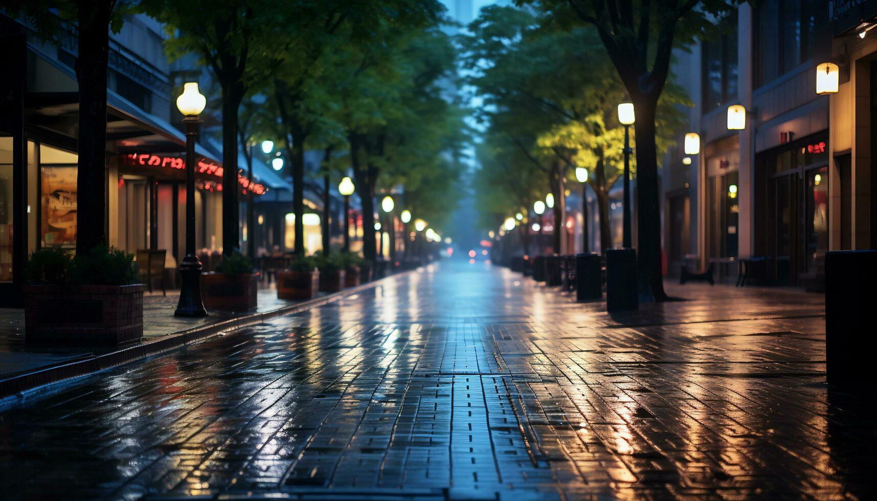 Bürgersteig beim Nacht nach Regen mit nass Straßen ai generativ foto