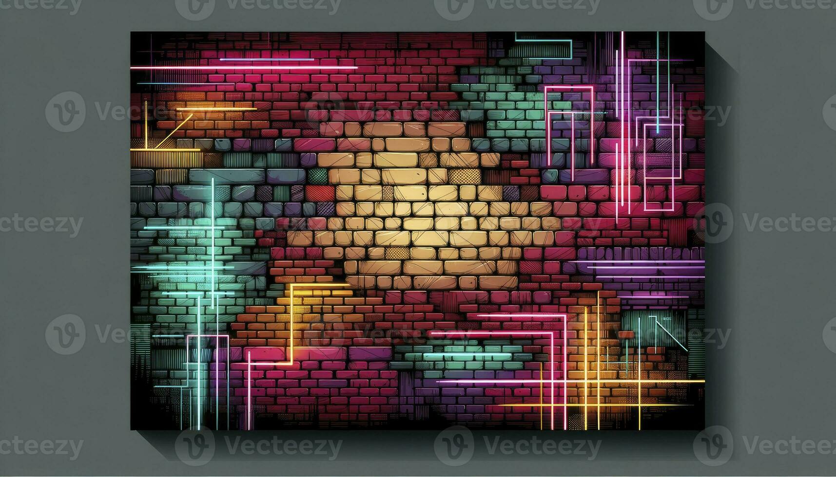 breit Format mit ein ausgesetzt Backstein Mauer mit Scharf geometrisch Neon- Beleuchtung Hinzufügen ein modern Kontrast. ai generativ foto