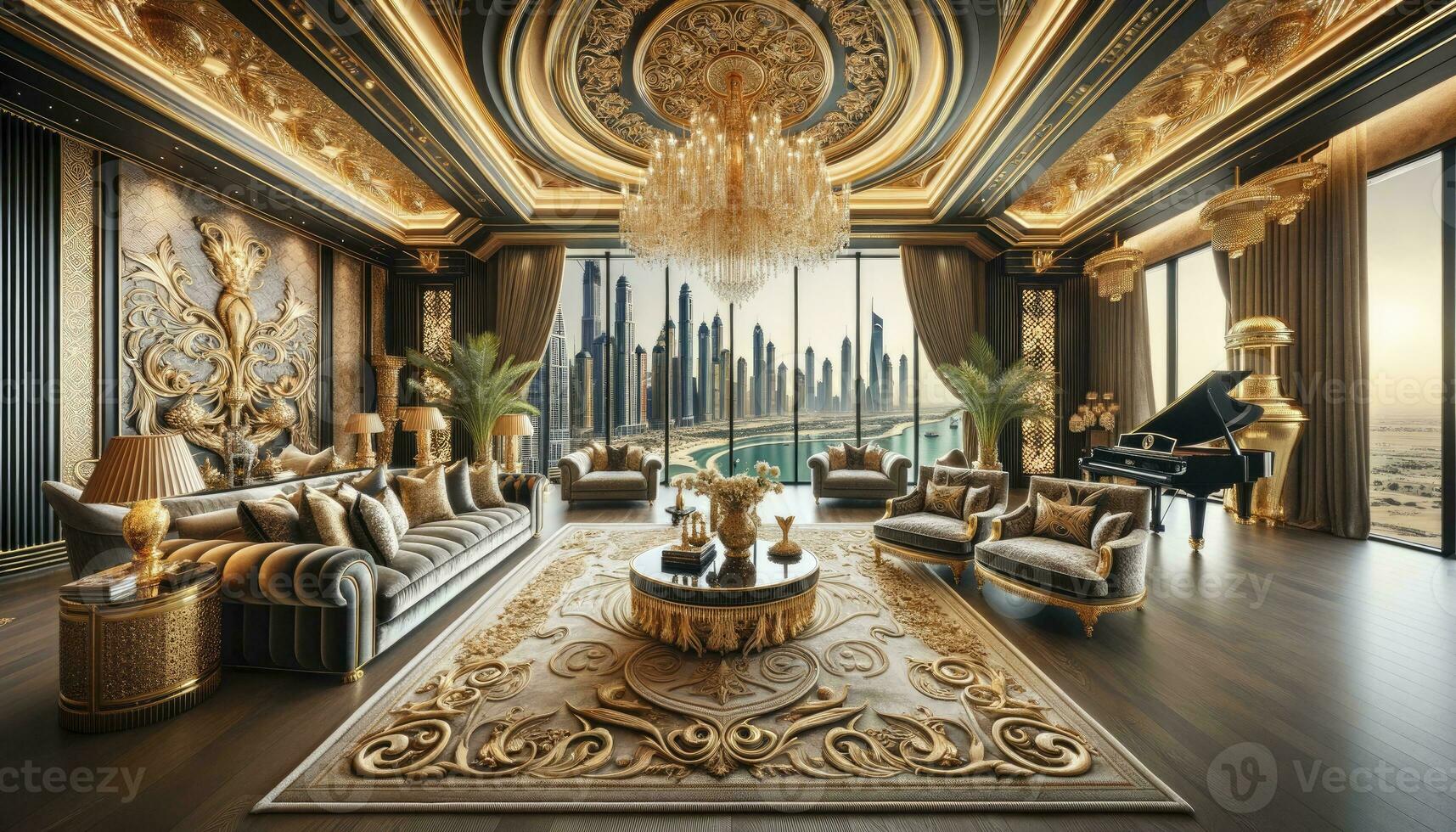 ein verschwenderisch Leben Zimmer Innere inspiriert durch Dubais Opulenz, Komplett mit ein Aussicht von das Dubai Horizont. ai generativ foto