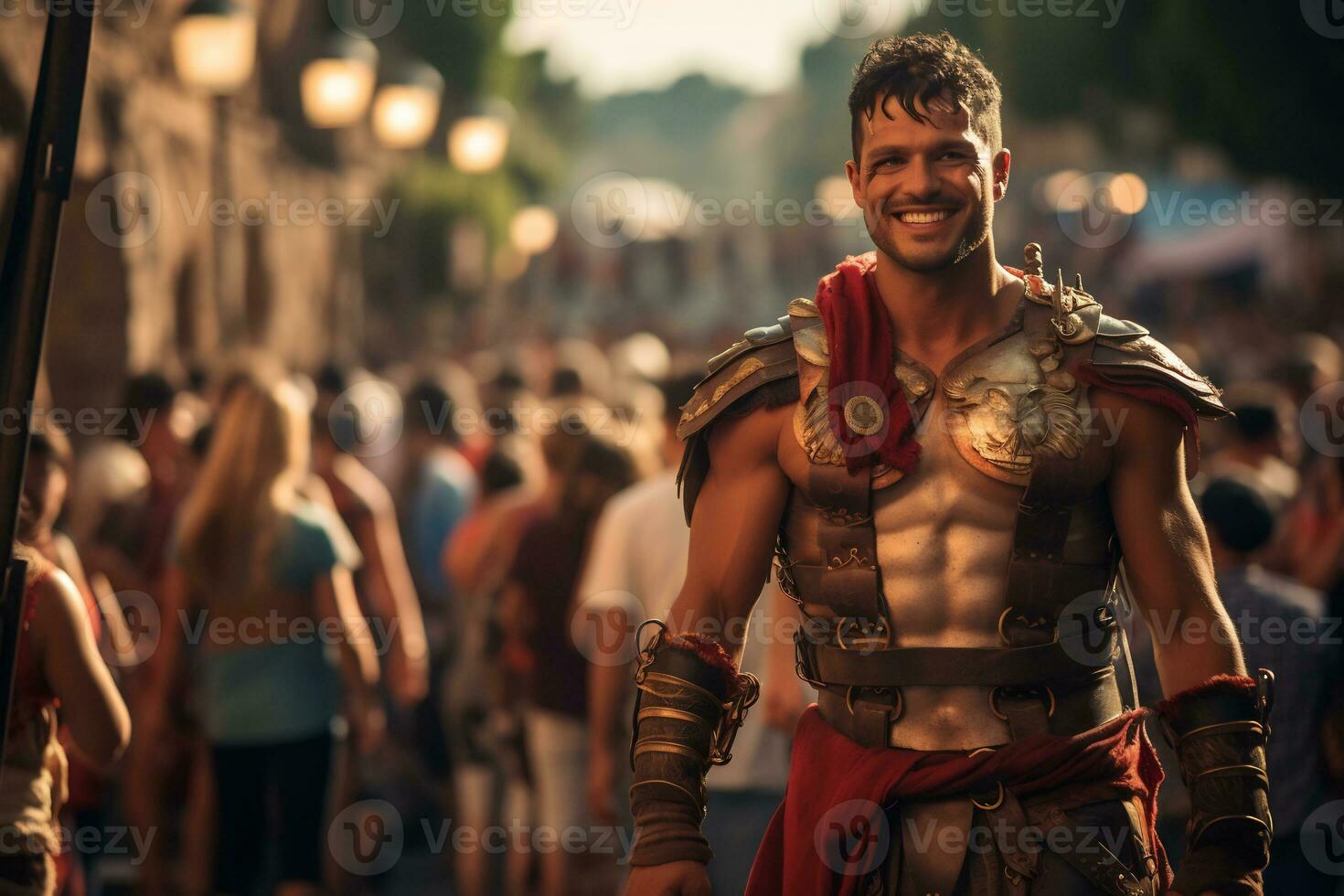 ein Straße Künstler gekleidet wie ein römisch Gladiator ein Foto von ein Läufer Sprinten durch ein Stadt Park ai generativ