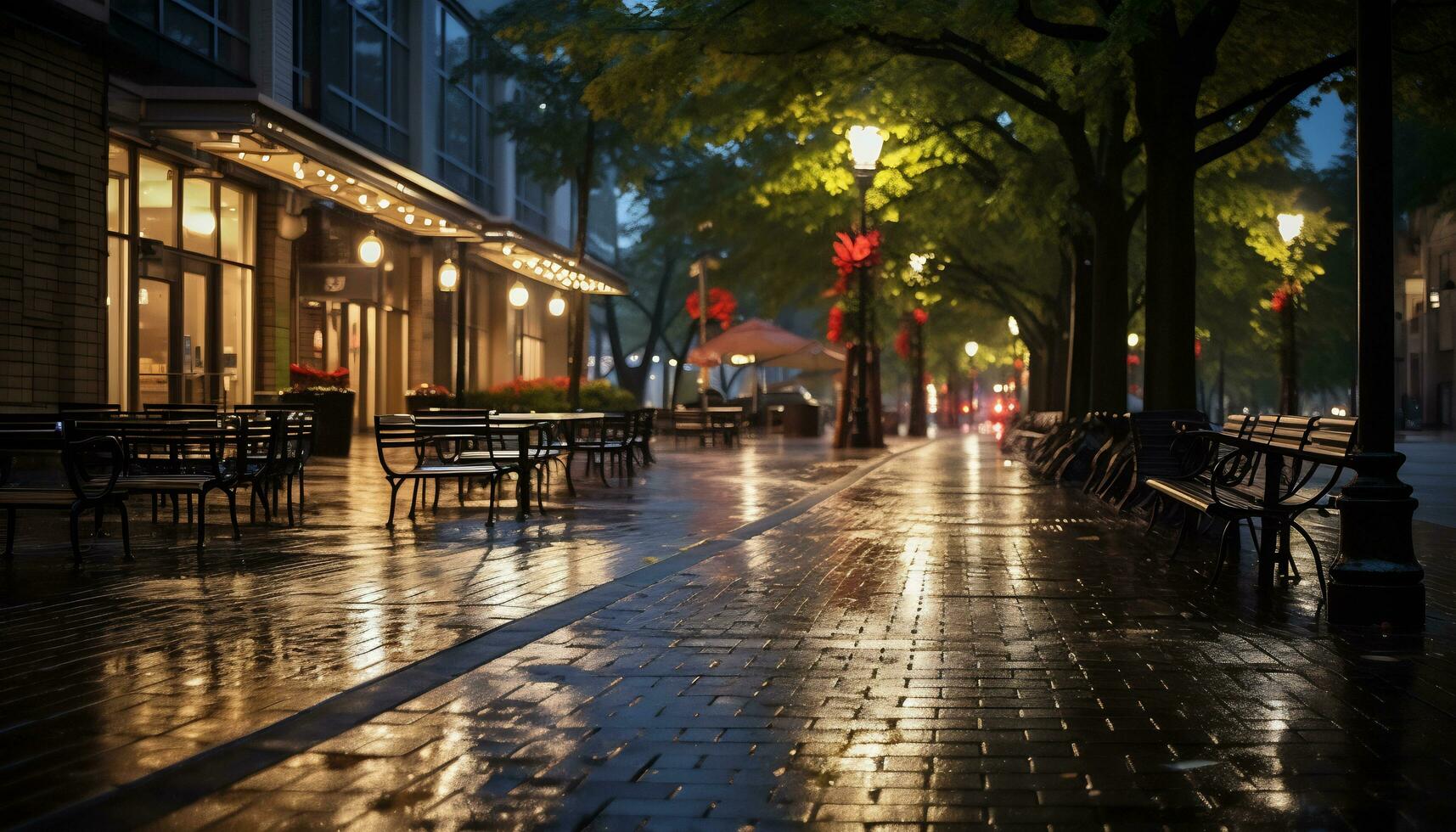 Bürgersteig beim Nacht nach Regen mit nass Straßen ai generativ foto