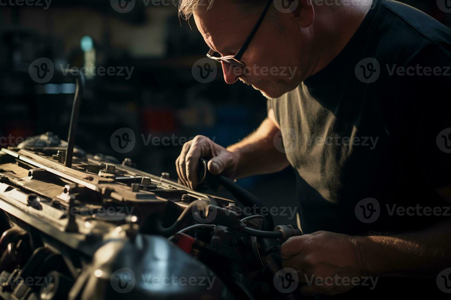 erfahren Mechaniker Arbeiten im Automobil Reparatur Geschäft ai generativ foto