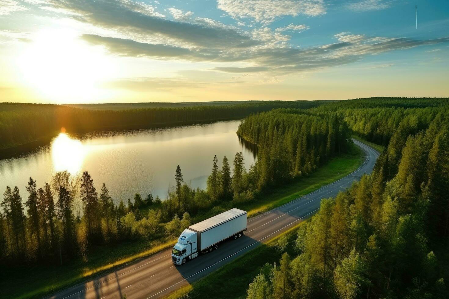 Antenne Aussicht von ein LKW Fahren entlang das Straße beim Sonnenuntergang. Antenne Aussicht von halb LKW mit Ladung Anhänger auf Straße Kurve beim See Ufer mit Grün Kiefer Wald. Transport Hintergrund, ai generiert foto