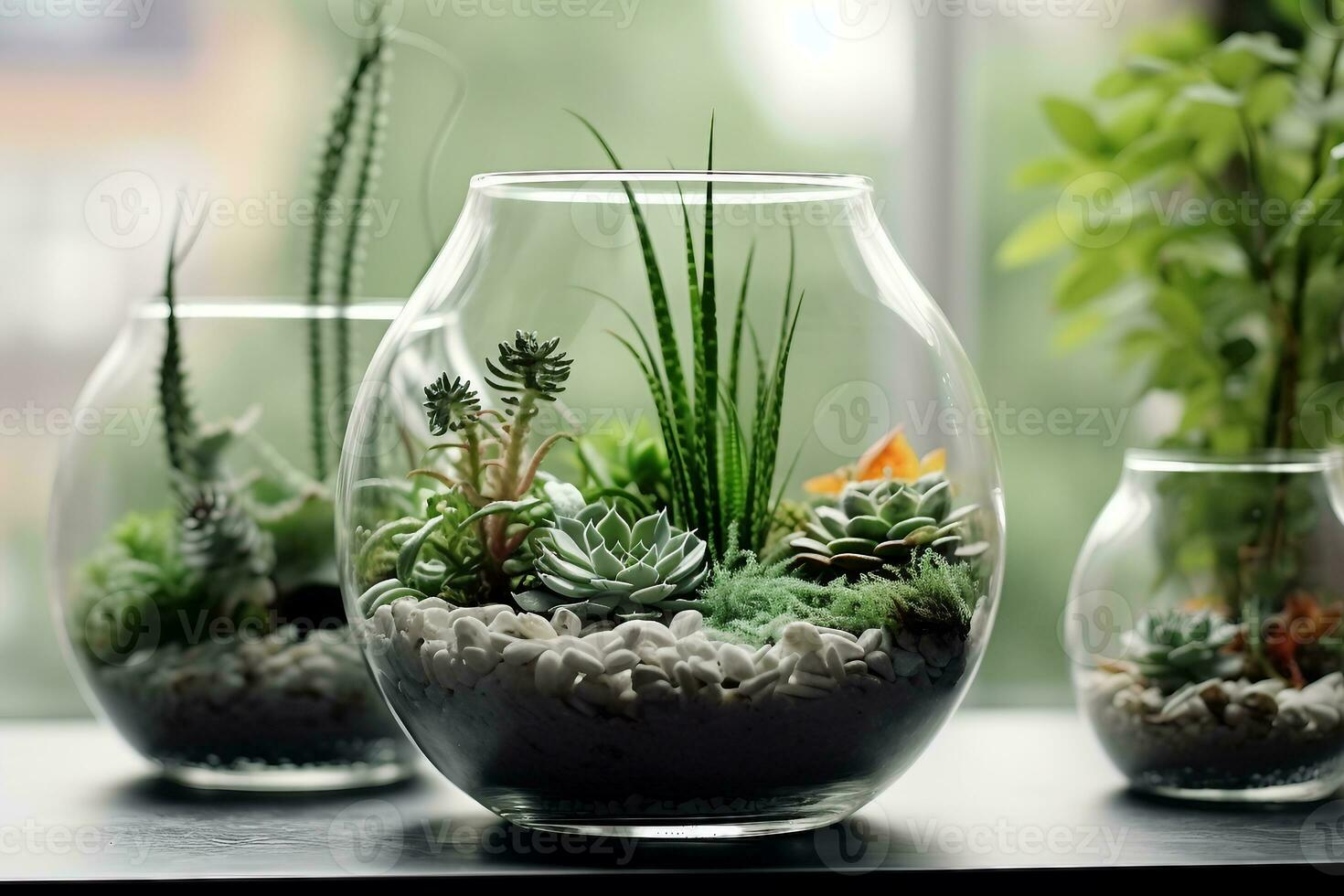 Innere Design, Mini saftig Garten im Glas Terrarium auf Fensterbrett. generativ ai. foto