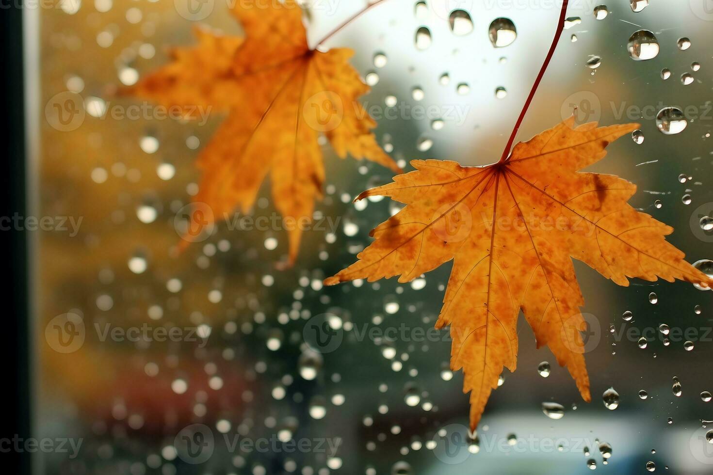 Regentropfen und gefallen Ahorn Blätter auf das Fenster Wetter charakteristisch Herbst. generativ ai. foto