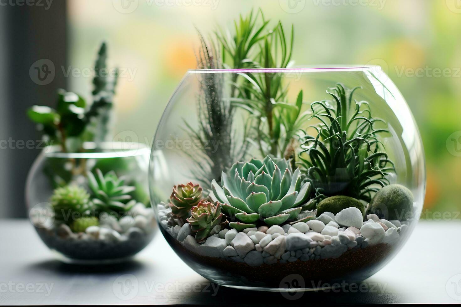 Innere Design, Mini saftig Garten im Glas Terrarium auf Fensterbrett. generativ ai. foto