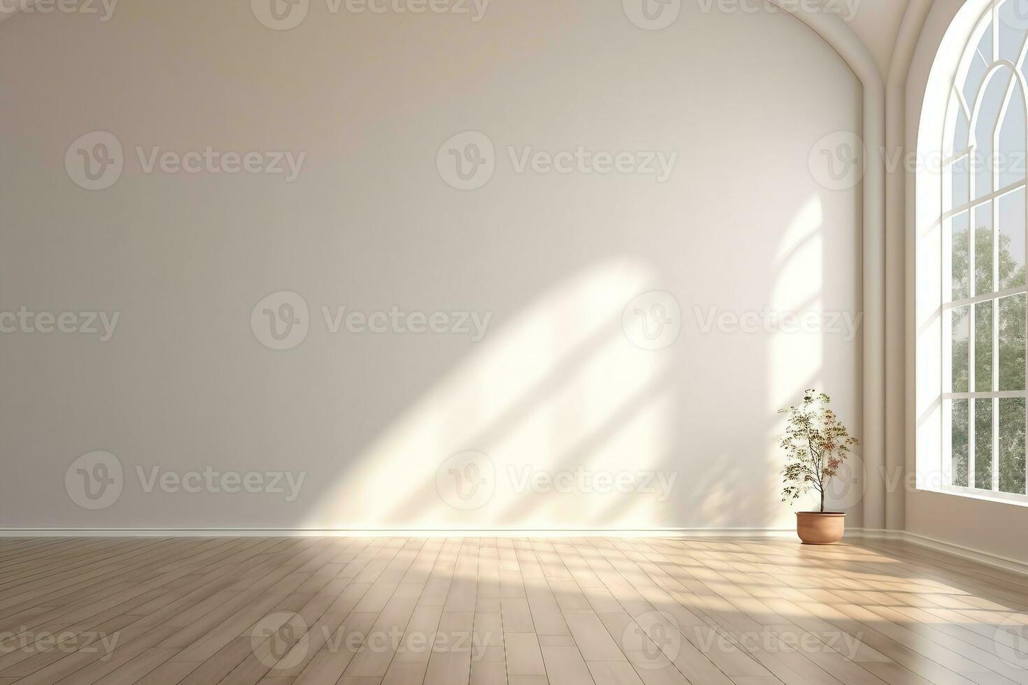 Innere Design, Attrappe, Lehrmodell, Simulation von Weiß leeren Zimmer tihe Bogen Fenster und Holz laminieren Boden, Sonne Licht Besetzung das Schatten auf das Wand, Perspektive von minimal inteior Design. generativ ai. foto