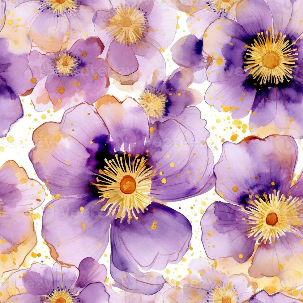 nahtlos Muster von violett Blumen mit Gold auf Weiß Hintergrund. Rosa Blumen Hintergrund. ai generiert foto