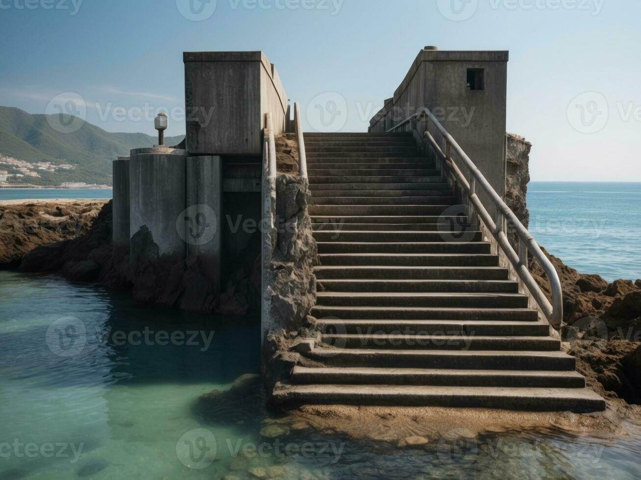Beton Treppe in der Nähe von Meer Wasser hintergrund.ai generativ foto