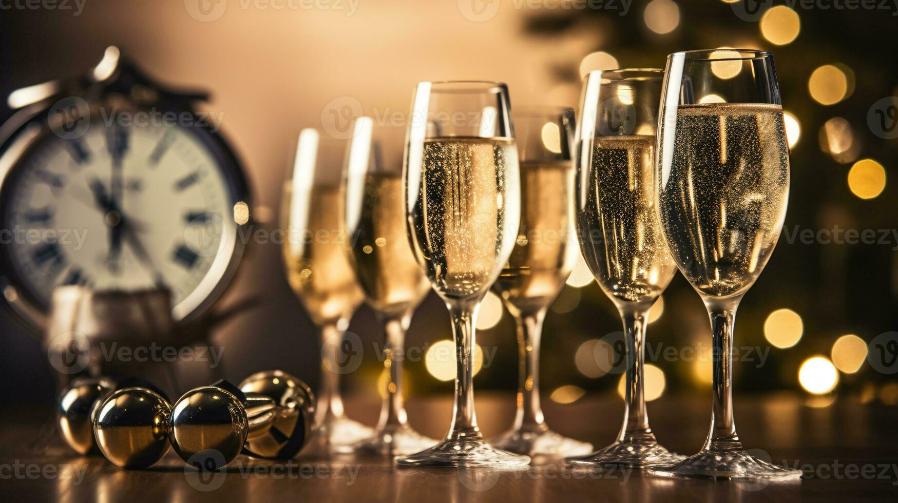 ai generativ Neu Jahre Vorabend Champagner mit Bokeh Licht und Uhr foto