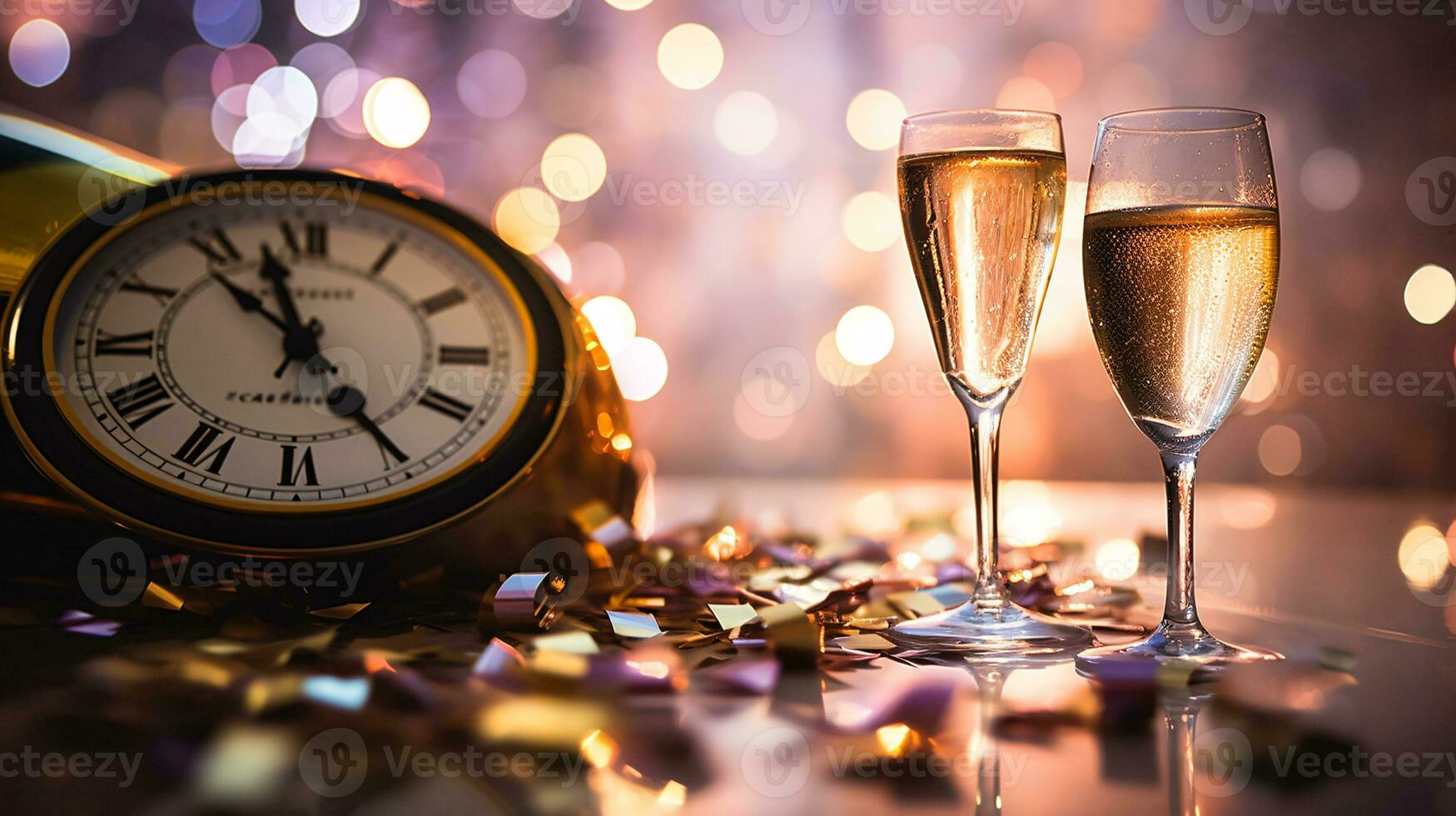 ai generativ Neu Jahre Vorabend Champagner mit Bokeh Licht und Uhr foto