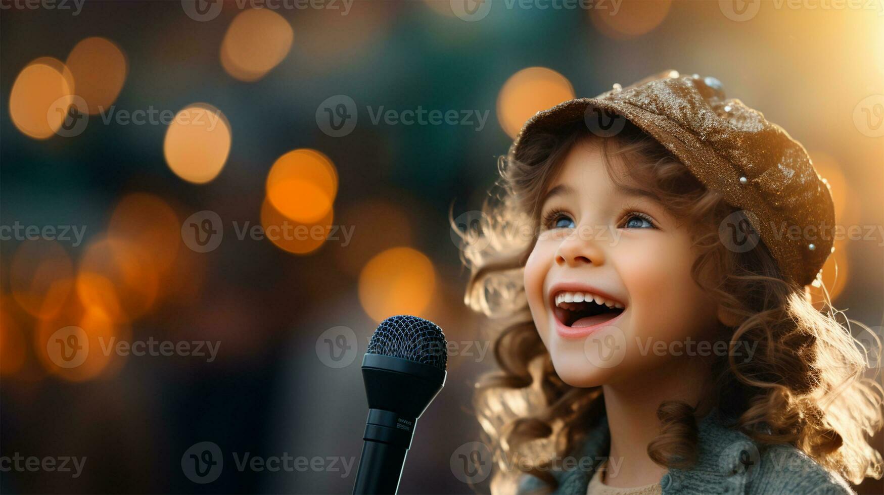 wenig Mädchen Singen in ein Mikrofon beim ein Konzert im das Abend ai generiert foto