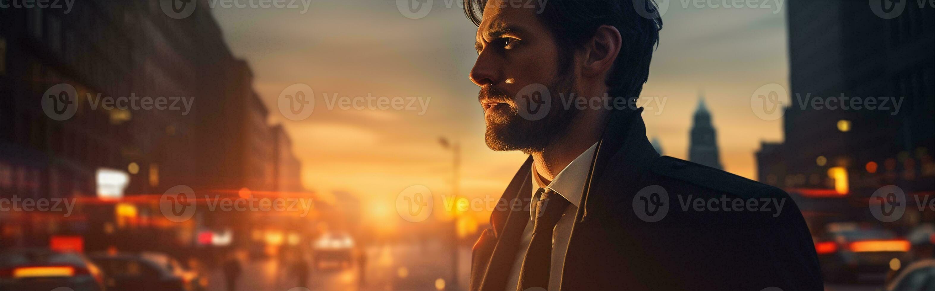 Seite Aussicht von zuversichtlich jung Geschäftsmann Stehen gegen Nacht Stadtbild mit Beleuchtung ai generiert foto
