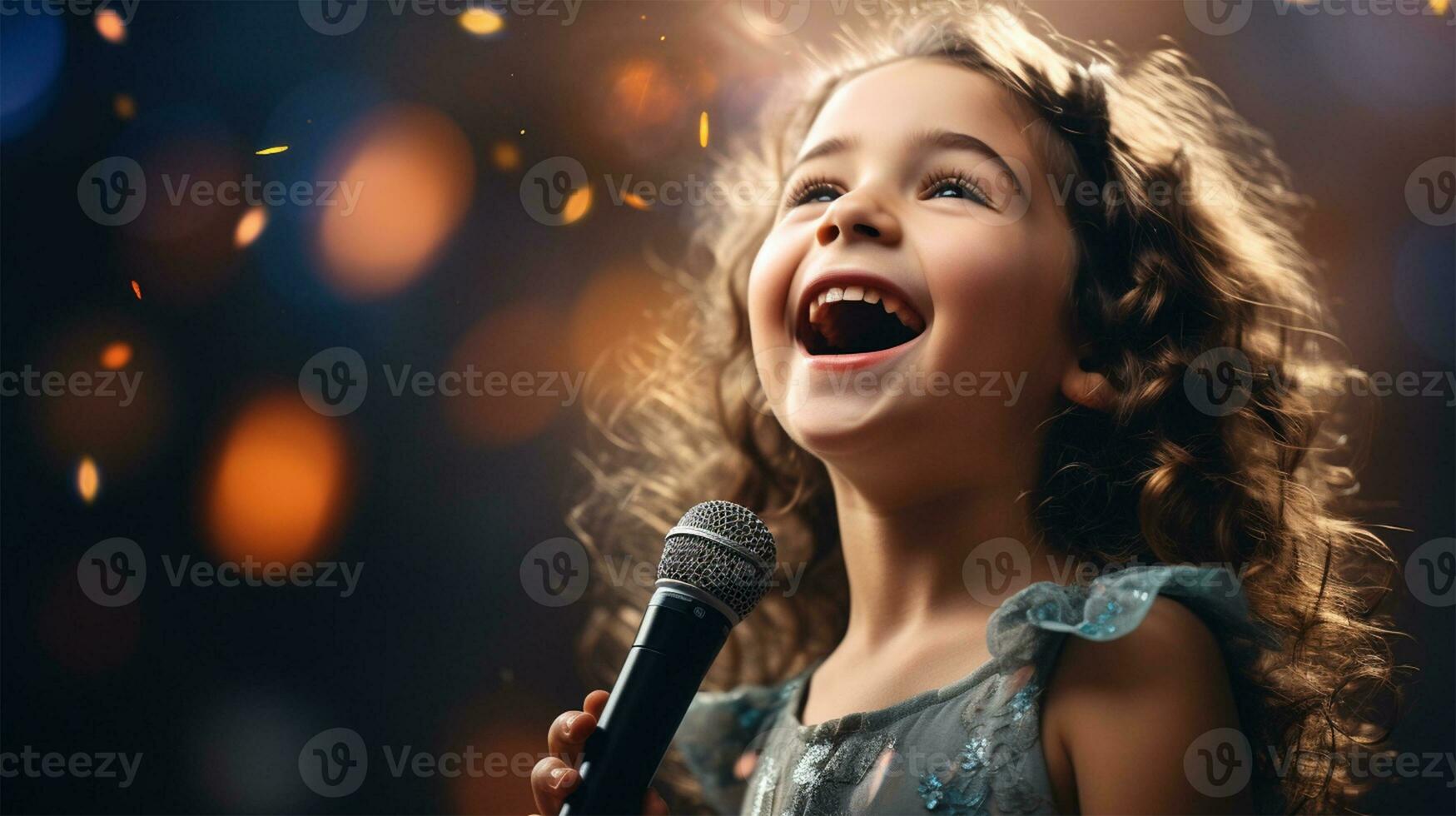 wenig Mädchen Singen in ein Mikrofon beim ein Konzert im das Abend ai generiert foto