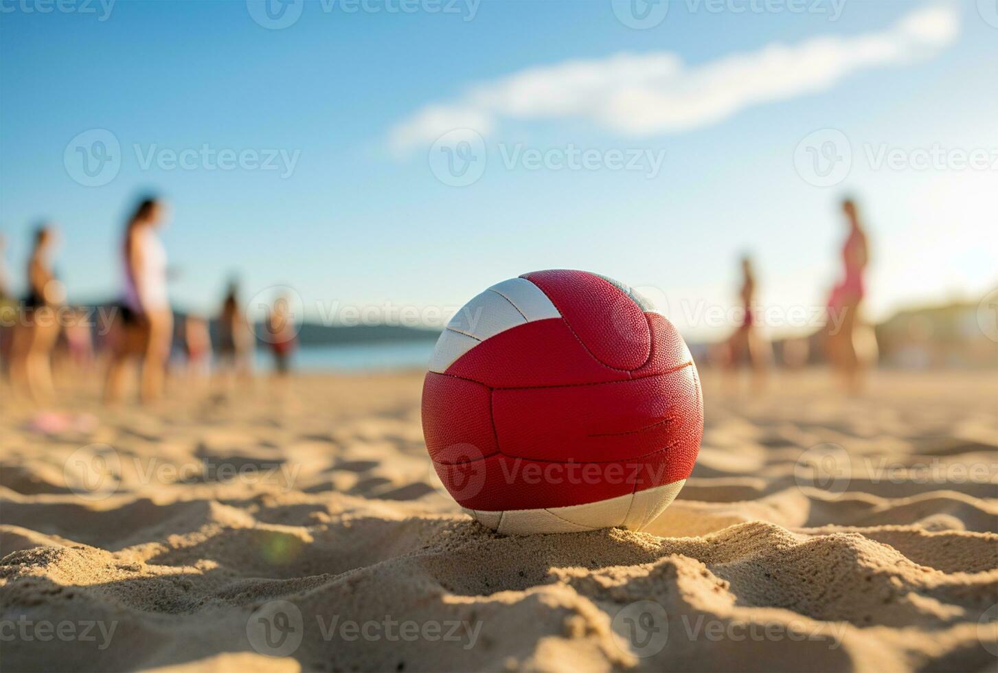 Fußball Ball auf das Sand Strand mit Blau Himmel und Meer Hintergrund ai generiert foto