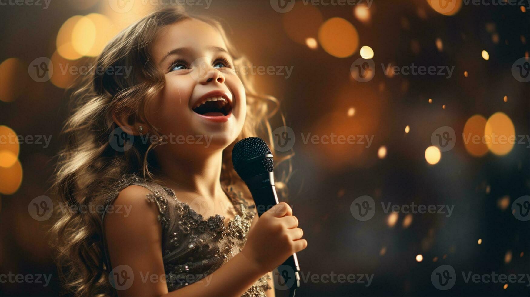 wenig Mädchen Singen in ein Mikrofon beim ein Konzert im das Abend ai generiert foto