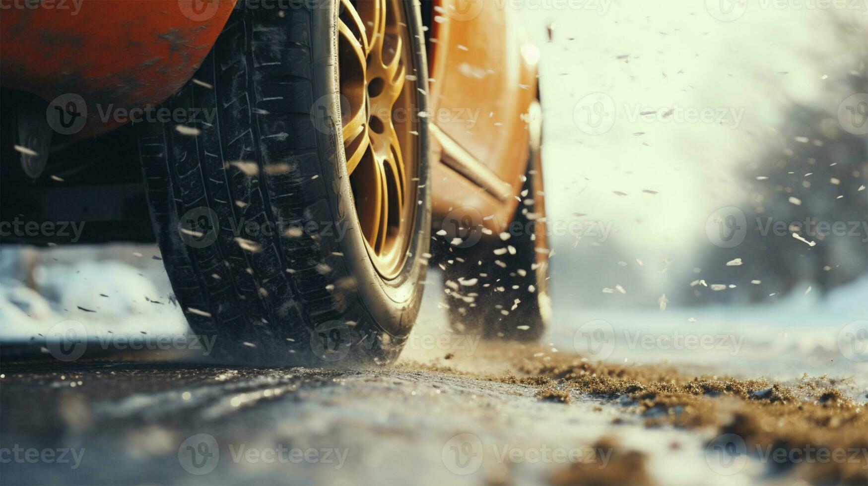 Jahrgang Auto auf ein Winter Straße. Nahansicht Bild ai generiert foto