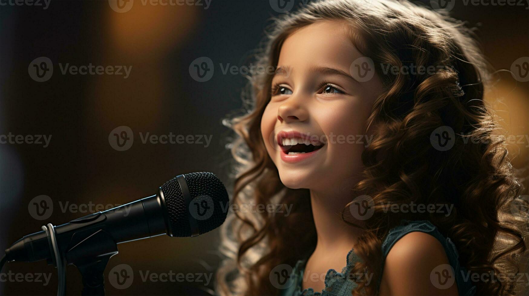 wenig Mädchen Singen in ein Mikrofon beim ein Konzert im das Abend ai generiert foto