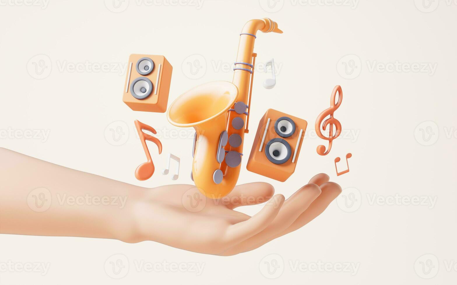 Musik- Instrumente im ein Hand, 3d Wiedergabe. foto