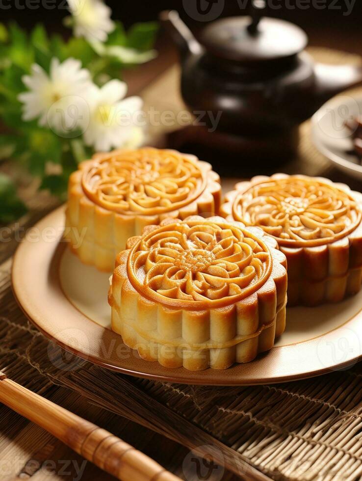 Chinesisch Mitte Herbst Festival Mondkuchen auf hölzern Tisch, ai generiert foto