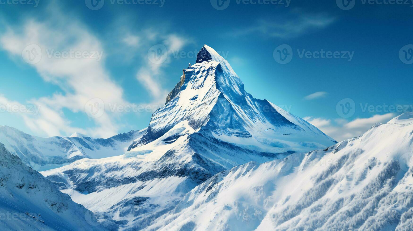 ein makellos Schnee bedeckt Berg Gipfel ai generativ foto