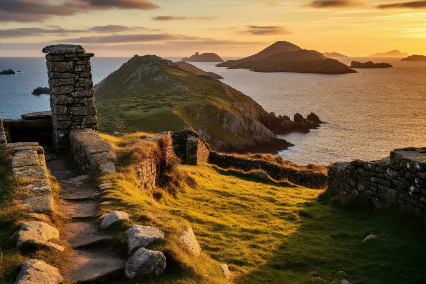 Sonnenuntergang auf das Insel von Skye im Schottland, vereinigt Königreich, valentia Insel im das Ring von Kerry im das Süd Westen Küste von Irland während ein Herbst Sonnenuntergang, ai generiert foto