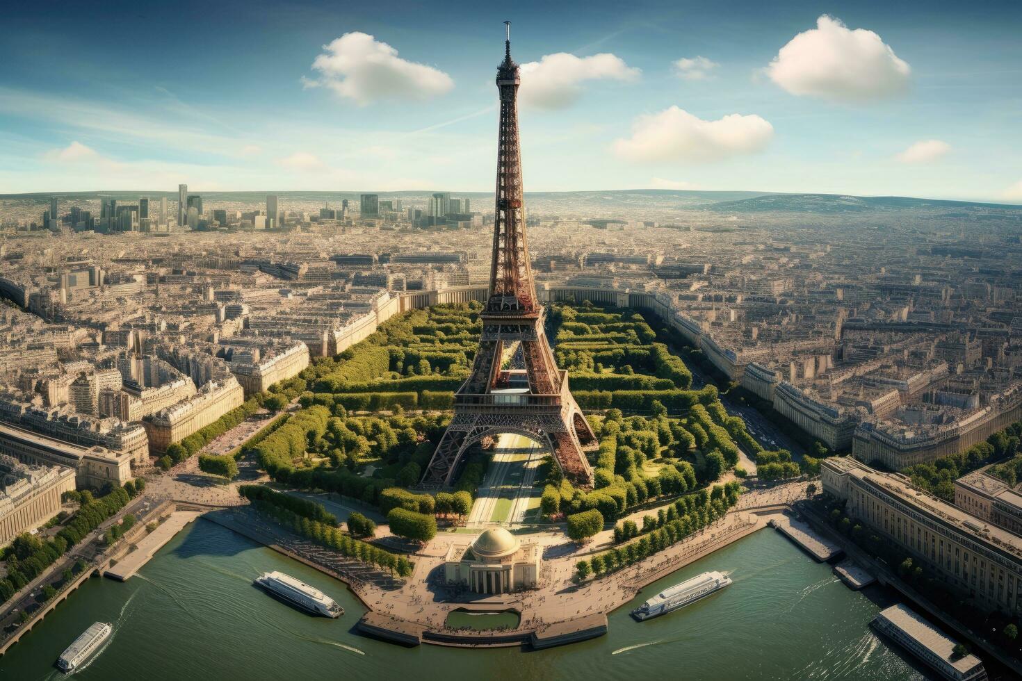 Antenne Aussicht von Eiffel Turm im Paris, Frankreich. Antenne Aussicht von das Eiffel Turm, ai generiert foto
