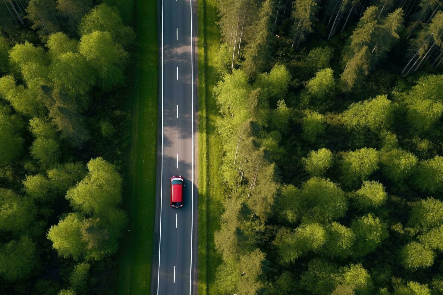 Antenne Aussicht von ein Auto Fahren auf das Straße im das Wald, Antenne Aussicht von rot Auto mit ein Dach Gestell auf ein Grün Sommer- Wald Land Straße im Finnland, ai generiert foto
