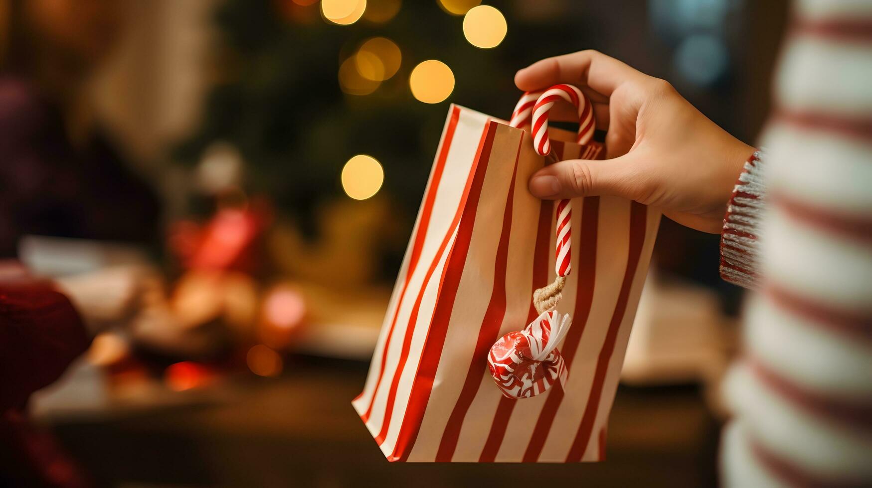 Kind Hand halten gestreift Geschenk Tasche mit ein Süßigkeiten Stock Weihnachten Überraschung foto