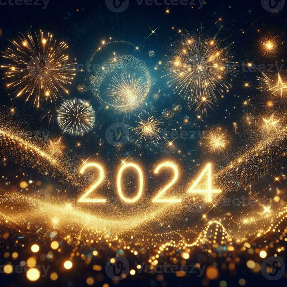 glücklich Neu Jahr 2024 mit schön funkelnd, Feuerwerk und Star Partikel auf verschwommen Grün Bokeh Textur Hintergrund foto