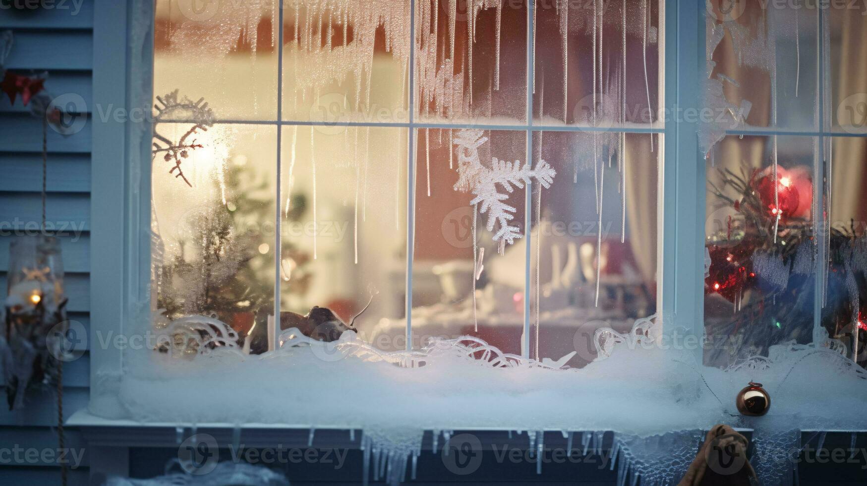 ai generativ Winter Frost auf Glas mit klein Dekorationen auf oder hinter das Fenster foto